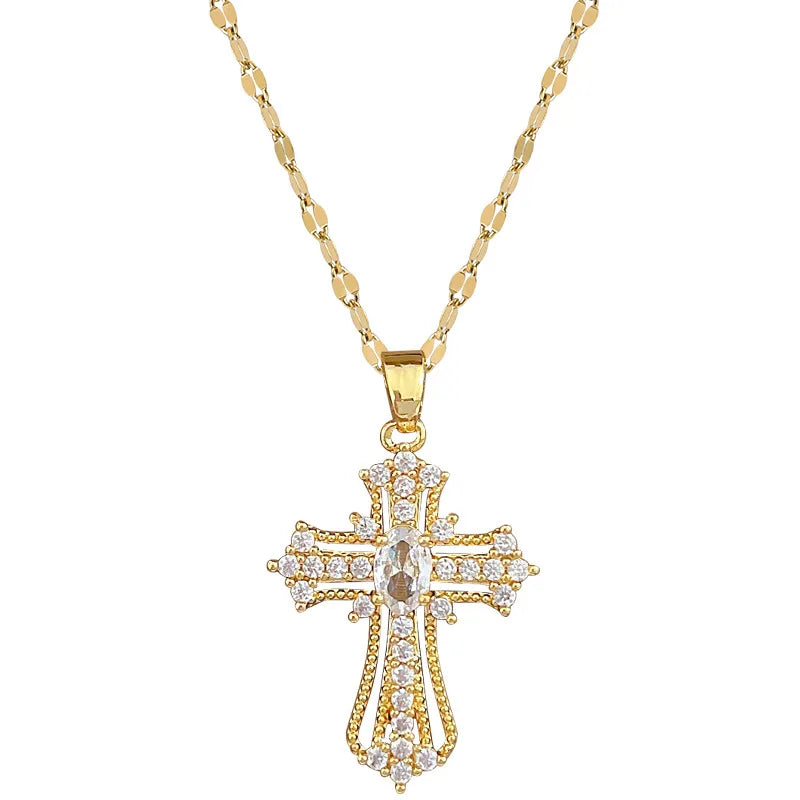 Women's Gold Cross Pendant Necklace – Stainless Steel Choker