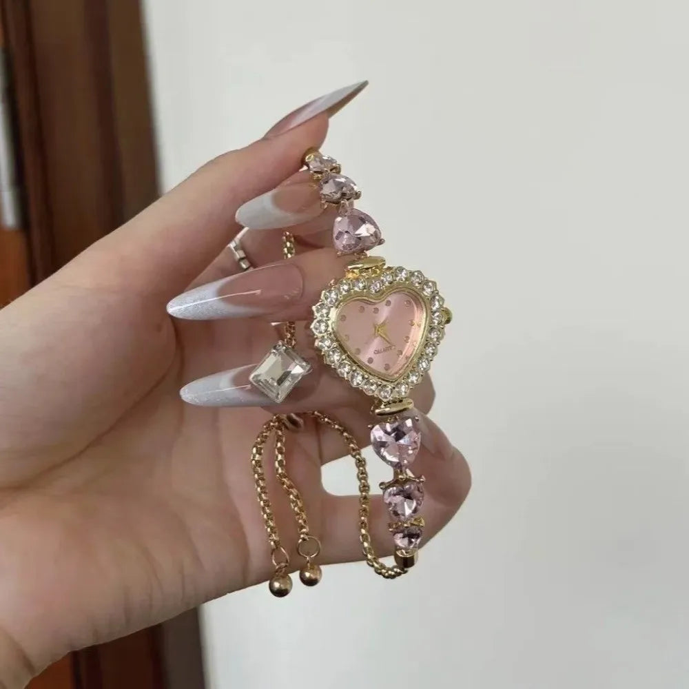 Pink Rhinestone Bracelet Watch – Floral Heart Quartz Wristwatch Bracelet Watch Nixie