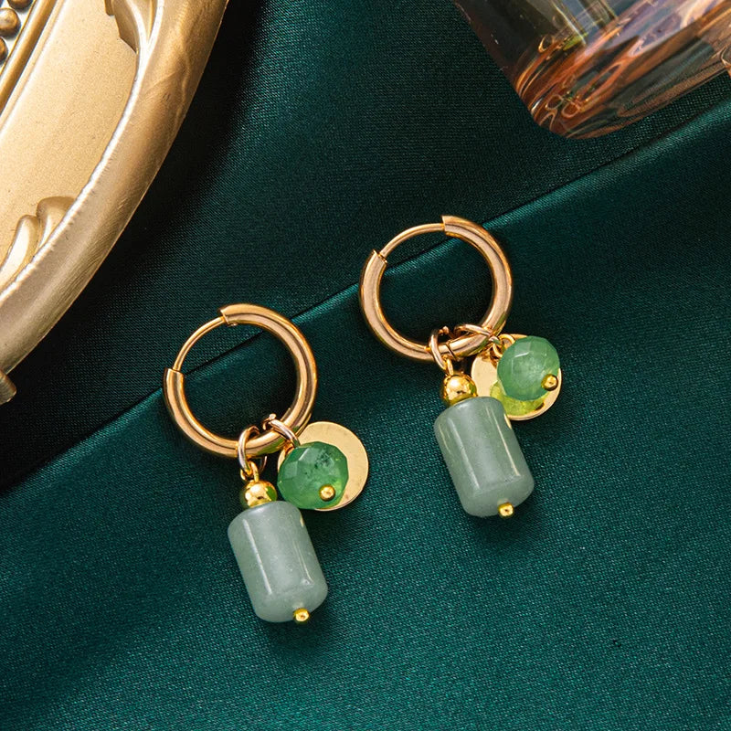 Nixie Green Stone Hoop Earrings | Vintage Steel Fashion Jewelry