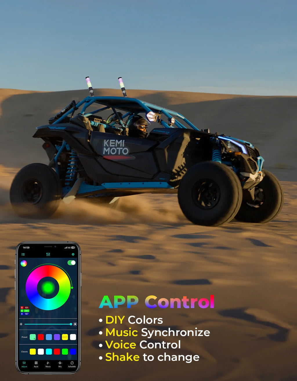 KEMIMOTO RGB COB Fat Whip Lights | UTV ATV Turn Signal IP67 LED Whip Lights Nixie