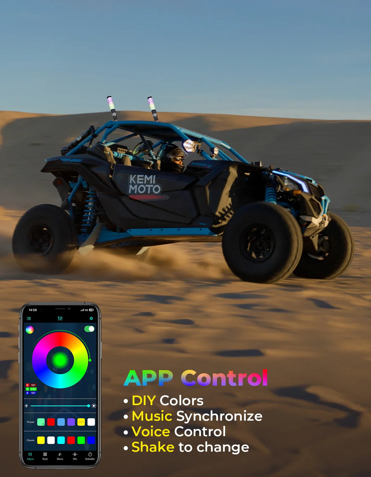 KEMIMOTO RGB COB Fat Whip Lights | UTV ATV Turn Signal IP67 LED Whip Lights Nixie