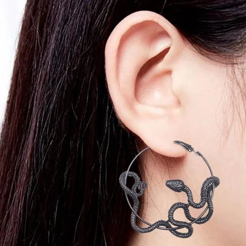 Punk Snake Hoop Earrings – Antique Black Unisex Statement Jewelry