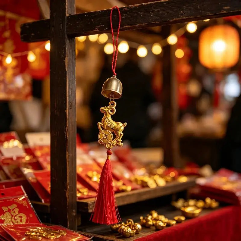 Golden Goat Bell Hanging Ornament | Feng Shui Lucky Decor Festive Hanging Ornament Nixie