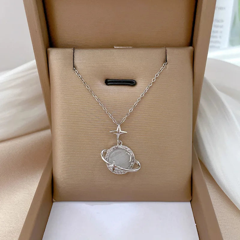 Cat's Eye Moon Pendant Necklace – Stainless Steel Clavicle Chain