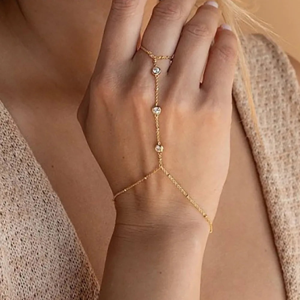 Rhinestone Butterfly Hand Chain Finger Ring Bracelet – Gold & Silver