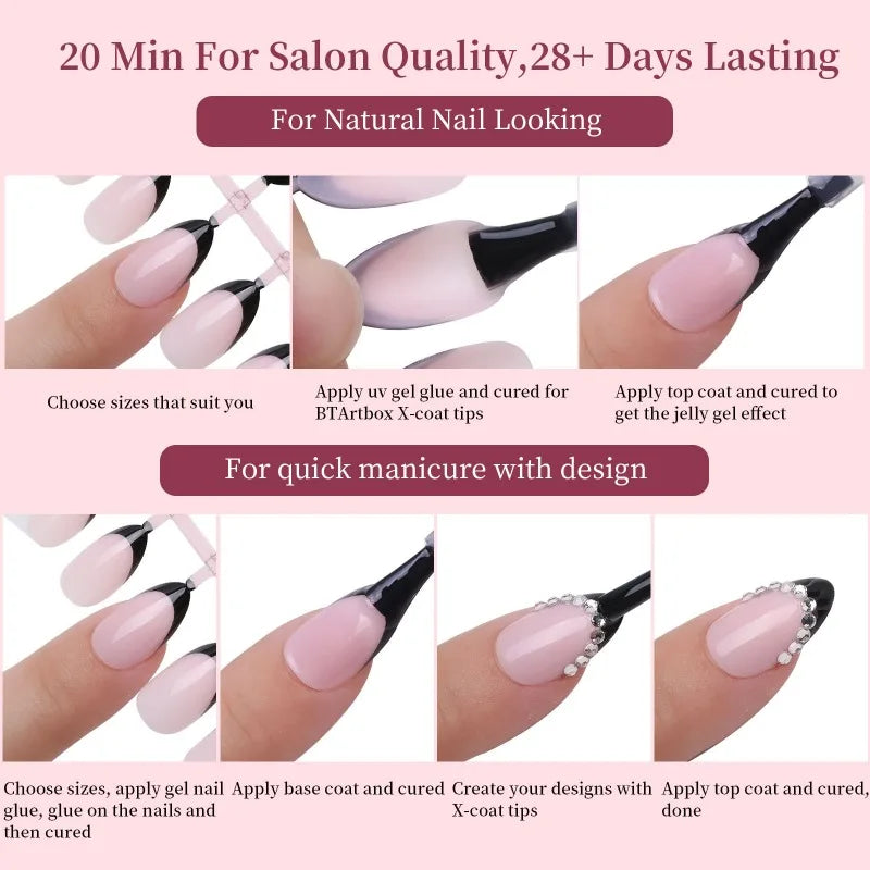 Black Pink French Tip Press On Nails with Rhinestone 24pcs Press On Nails Nixie