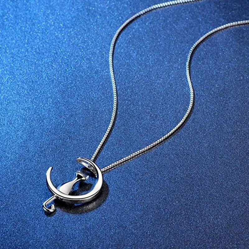 Women's Moon Cat Pendant Necklace | Celestial Gift Jewelry Pendant Necklace Nixie