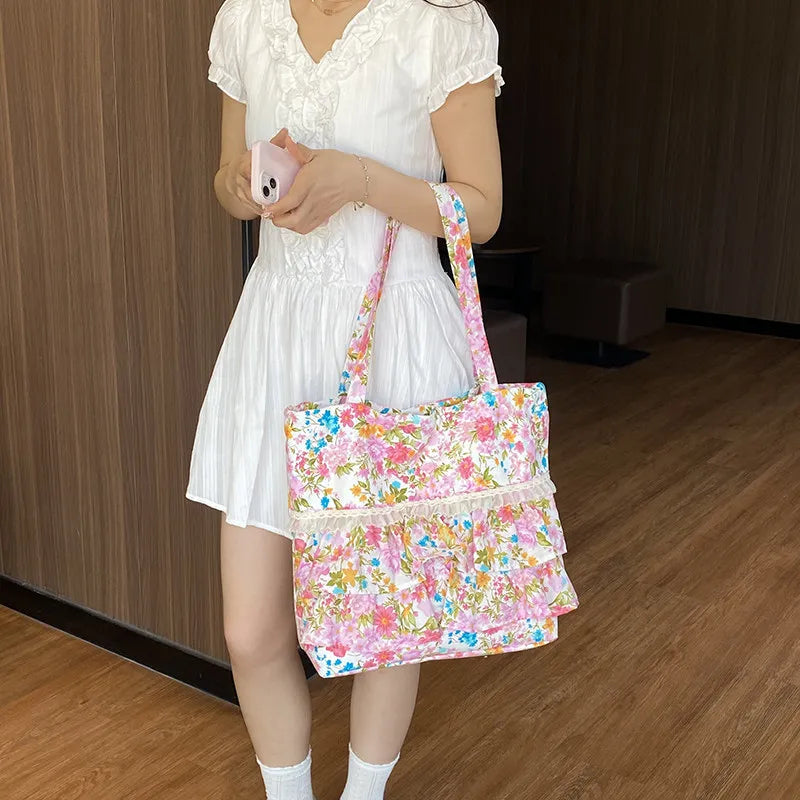 French Floral Drawstring Tote Bag – Lace Trim Canvas Shoulder Bag Canvas Shoulder Bag Nixie