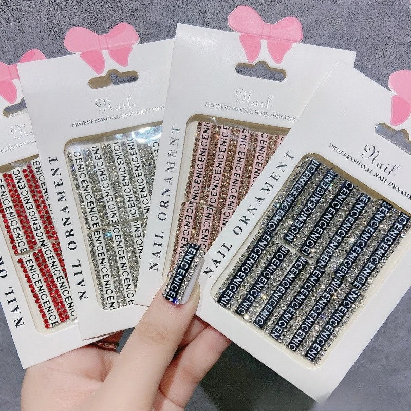 12pcs Rhinestone Strip Nail Tapes – Crystal Manicure Stickers Nail Art Strips Nixie