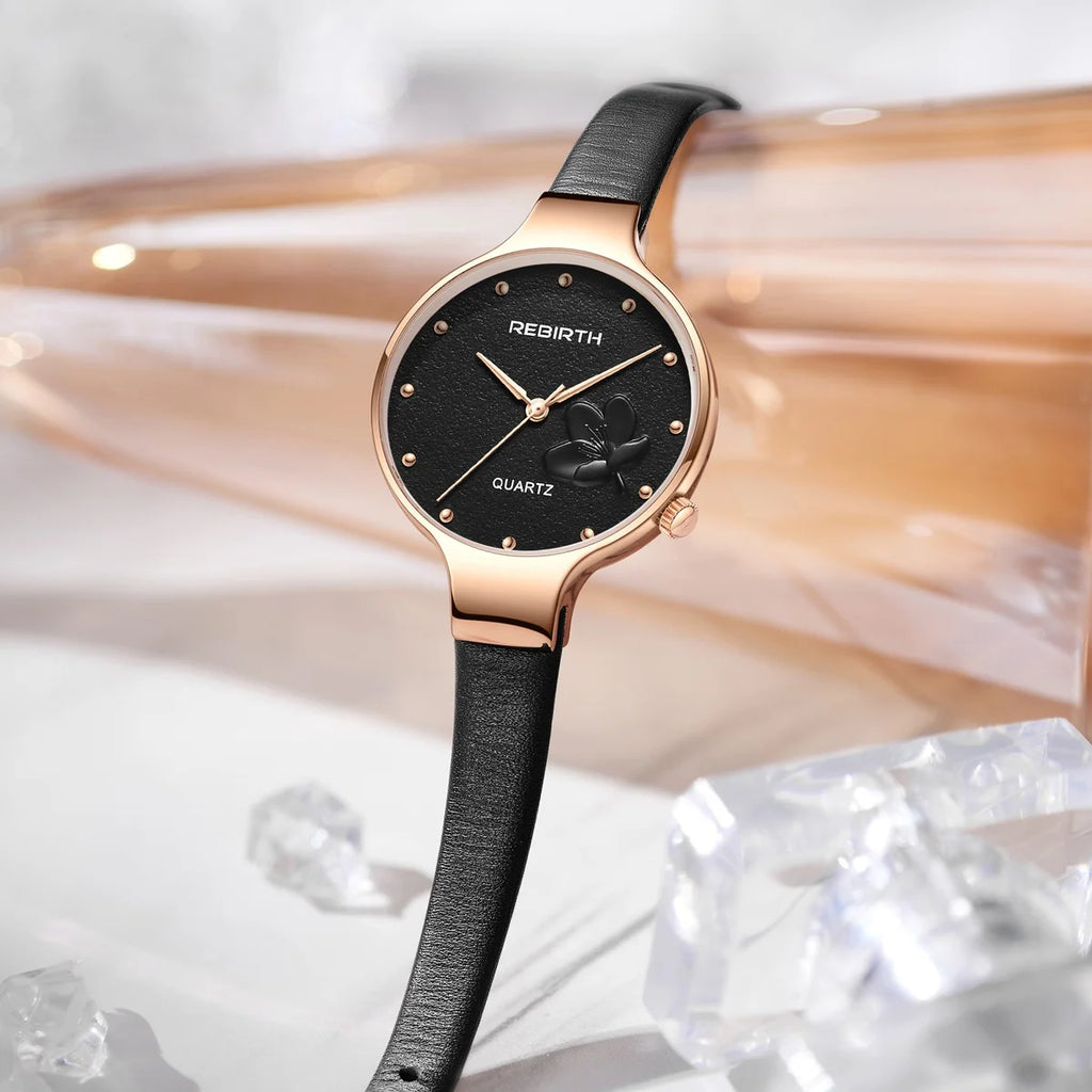 REBIRTH Retro Floral Quartz Watch – Leather Strap, Elegant Quartz Wristwatch Nixie