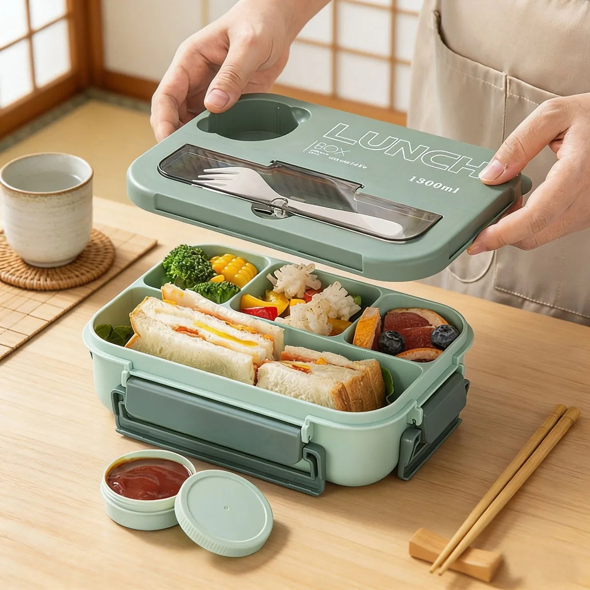 4-Compartment Bento Lunch Box | Sauce Jar & Utensils Included Bento Lunch Box Nixie