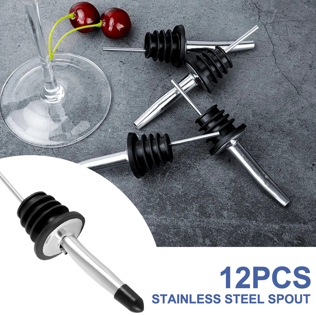 12-Pack Stainless Steel Bottle Pourers with Caps | Bar & Kitchen Bottle Pour Spouts Nixie
