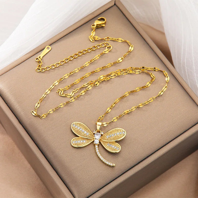 Zircon Dragonfly Pendant Necklace Gold Plated for Women Pendant Necklace Nixie