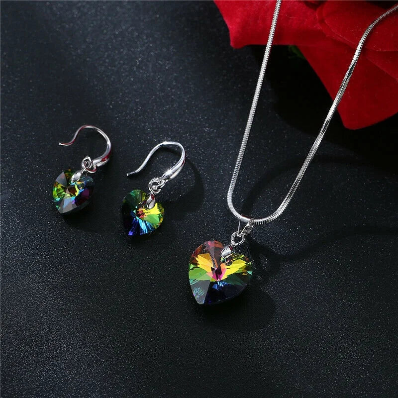 Rainbow Heart Pendant Necklace & Earrings Set | Nixie Jewelry Set Nixie