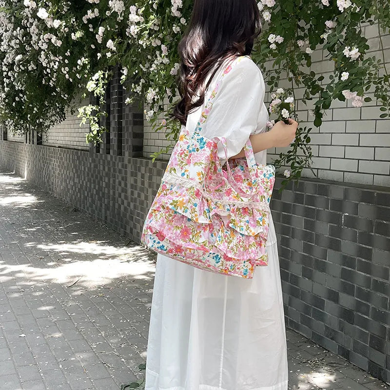 French Floral Drawstring Tote Bag – Lace Trim Canvas Shoulder Bag Canvas Shoulder Bag Nixie
