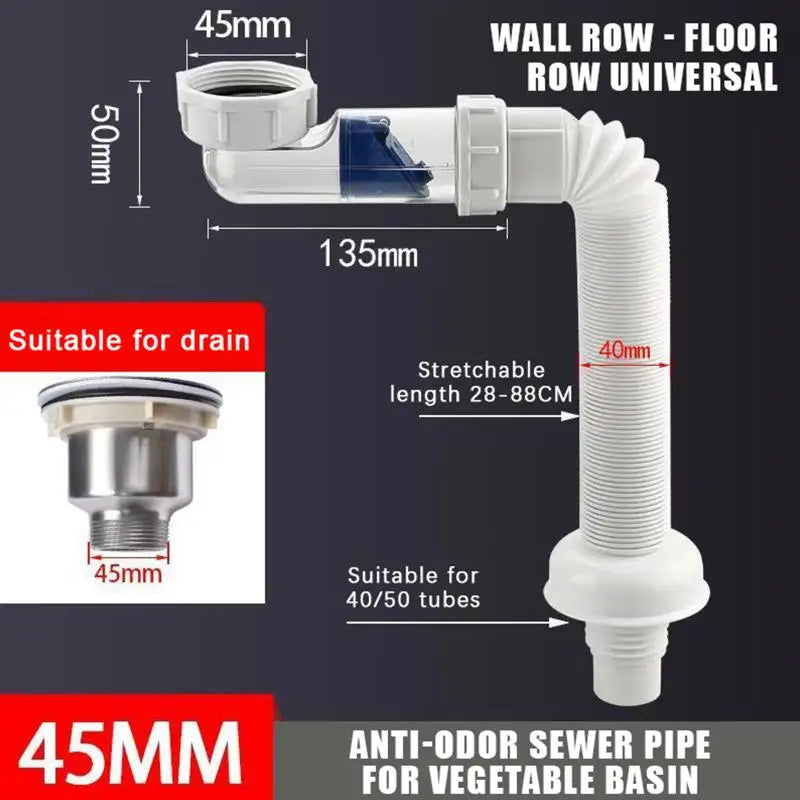 Flexible ABS Siphon Drain Hose G1-1/2 Extendable 28–88cm Siphon Drain Hose Nixie
