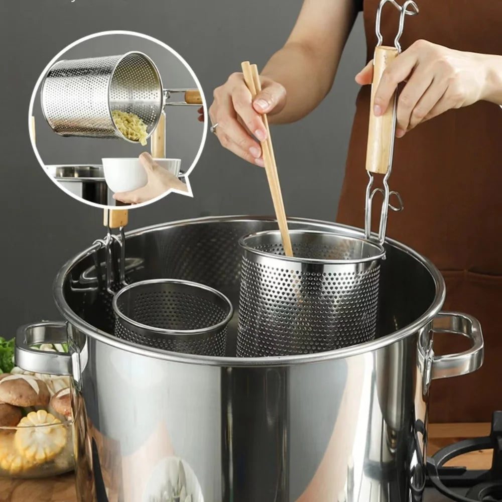 Stainless Steel Pasta Basket Strainer – Wooden Handle Kitchen Strainer Nixie