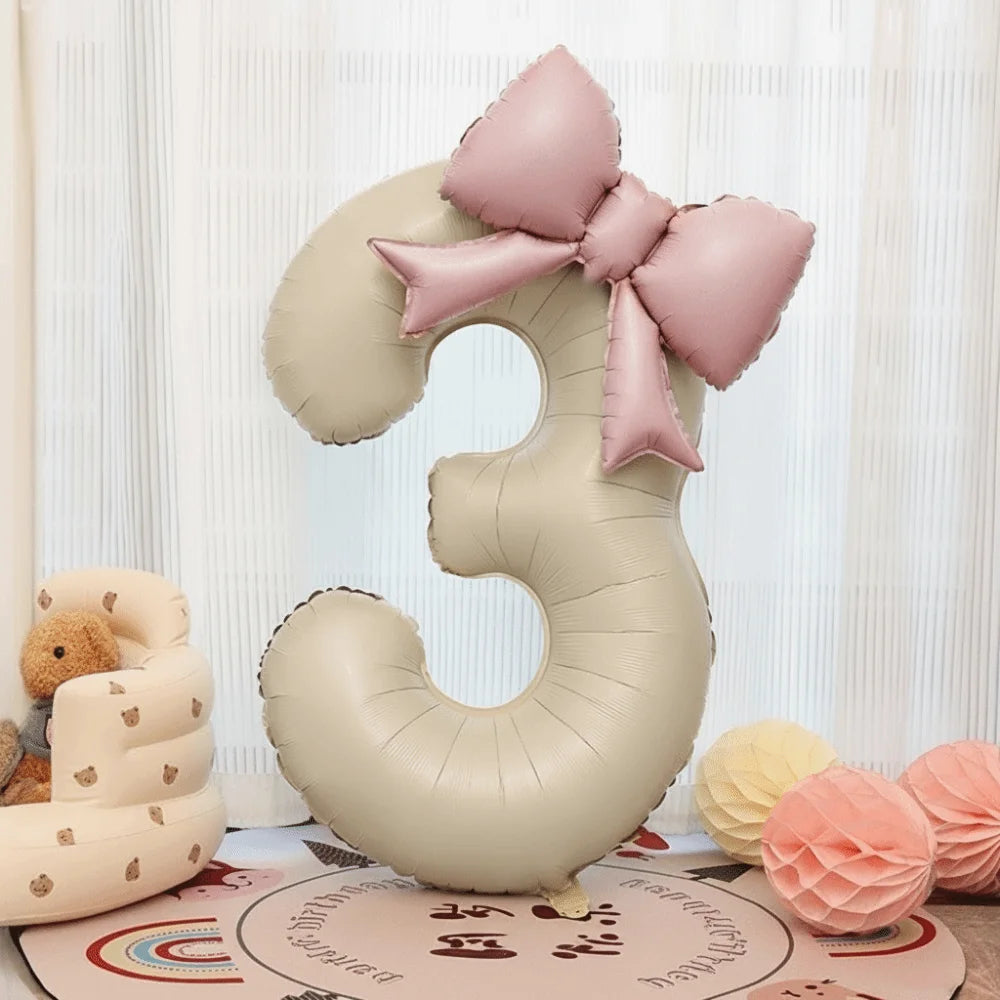 40" Cream White Number Foil Balloon with Pink Bow | Party Decor