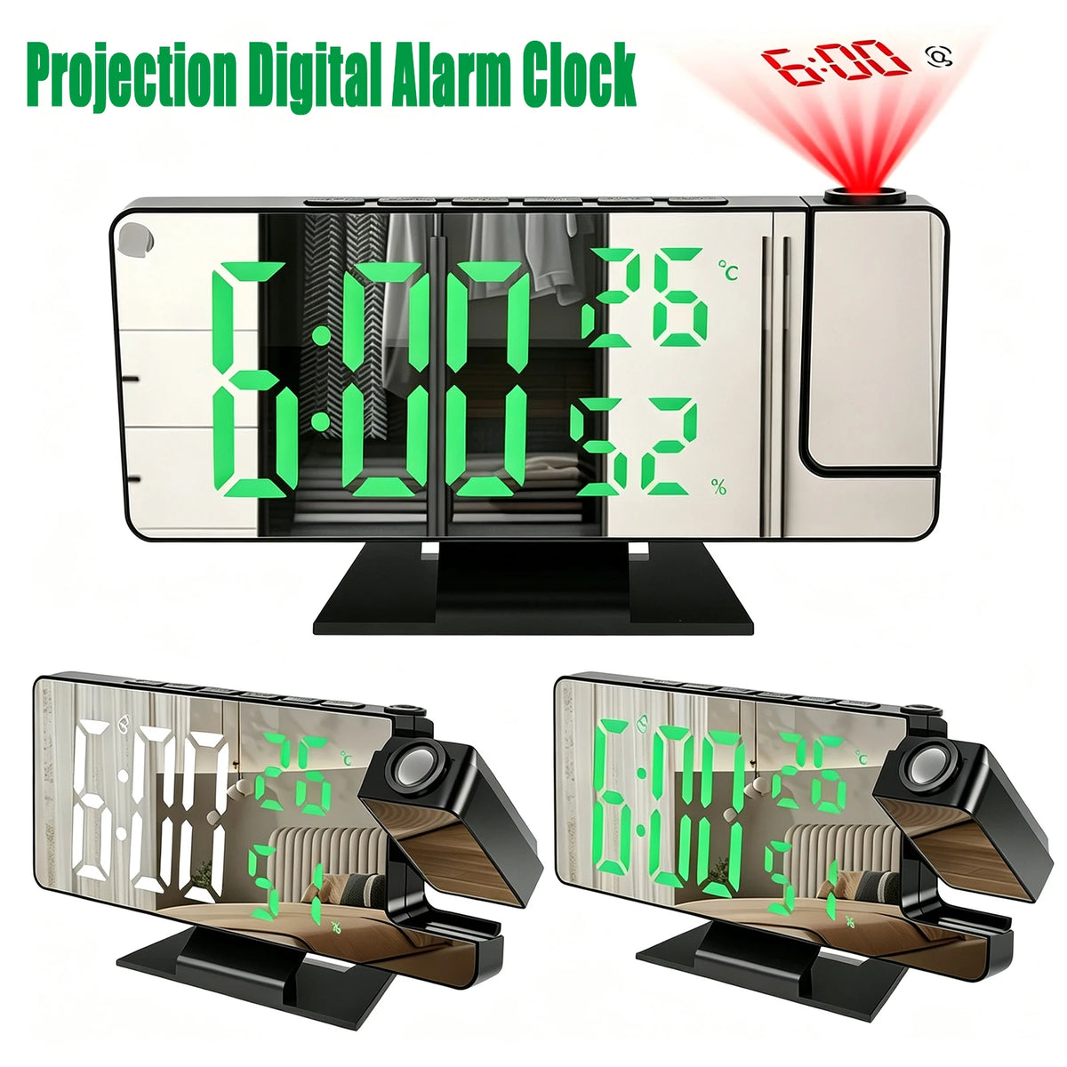 180° Projection Digital Alarm Clock – LED Mirror Display