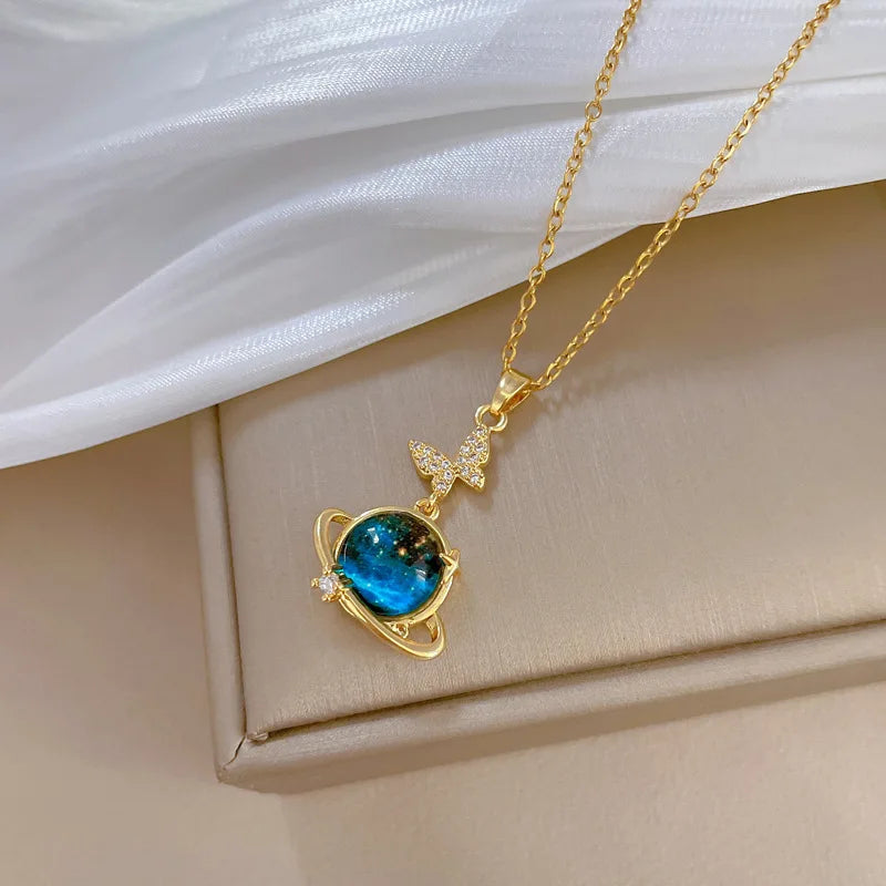 Starry Sky Butterfly Pendant Necklace Gold Stainless Steel Pendant Necklace Nixie