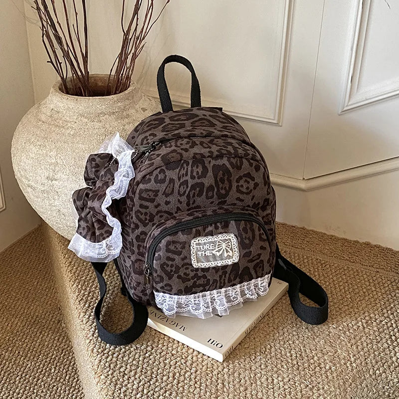 Leopard Print Flannel Backpack – Preppy Women's Commuter Bag Leopard Print Backpack Nixie BB-580-Coffee