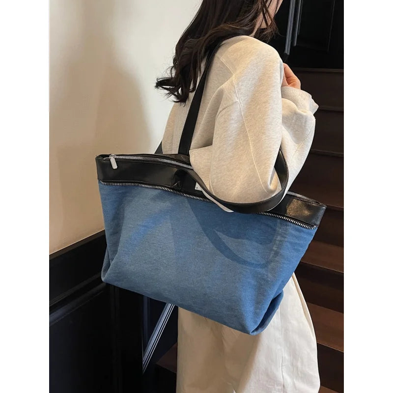 Women's Large Denim Tote Bag – Casual Commuter Shoulder Handbag Denim Tote Bag Nixie