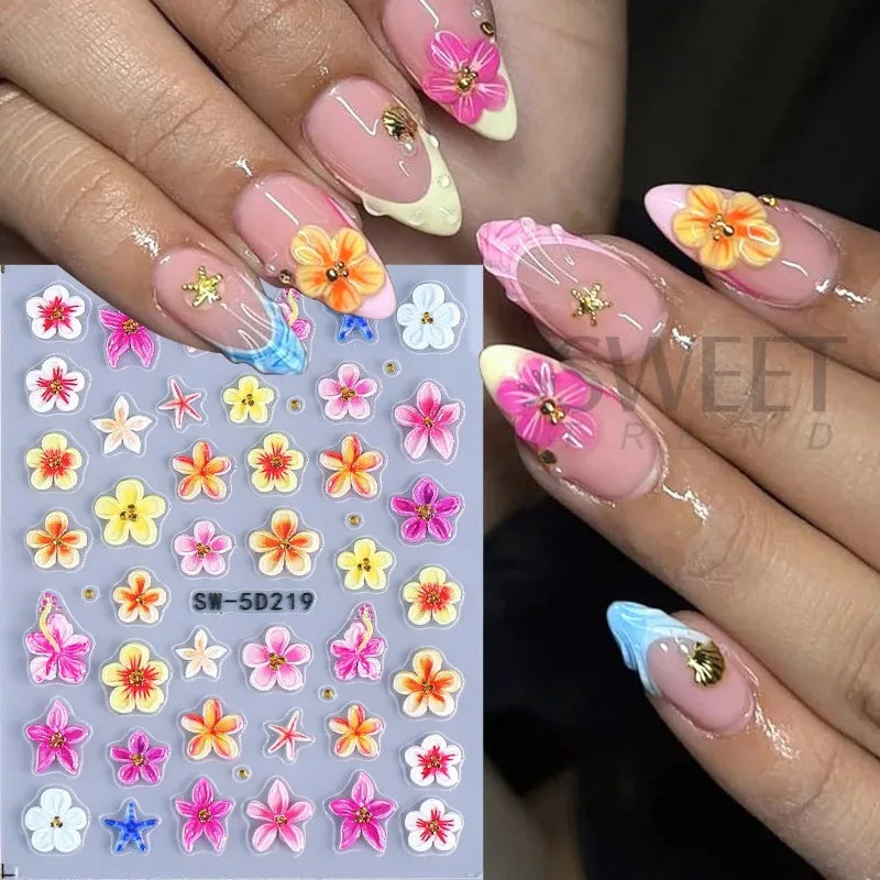5D Embossed Nail Stickers – Tropical Floral & Starfish Decals Nail Art Stickers Nixie