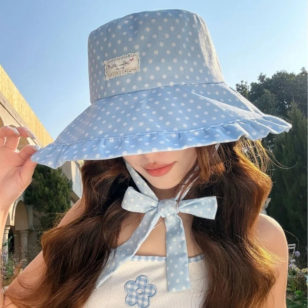 Women's Polka Dot Wide Brim Bucket Sun Hat with Ribbon Bucket Sun Hat Nixie