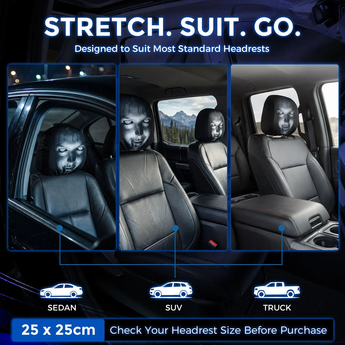 Ghost Face Car Headrest Covers | 4-Piece Elastic Fit Set