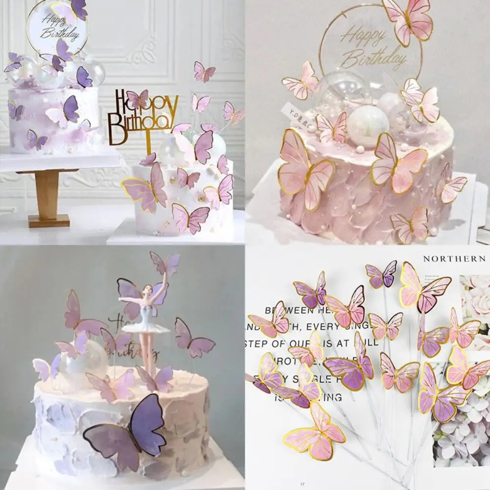 10PCS Colorful Butterfly Cake Toppers Gold Edge Party Decoration Cake Topper Set Nixie
