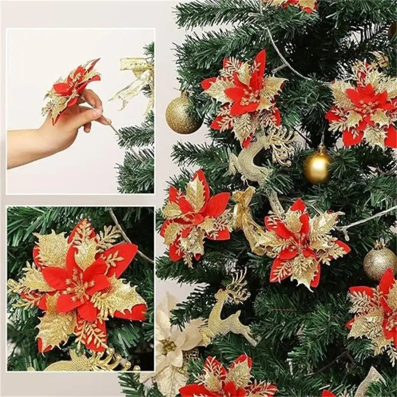 Artificial Red Gold Glitter Poinsettia Flowers – 10 Pcs Xmas Artificial Holiday Flowers Nixie