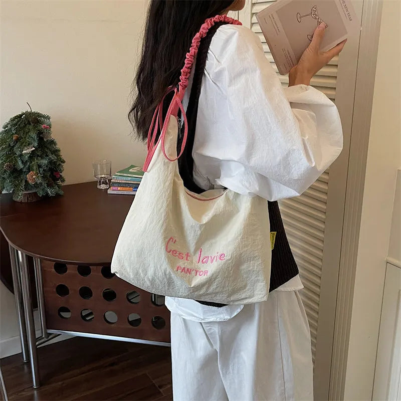 Korean Canvas Tote Bag Women – Large Embroidered Shoulder Bag Canvas Tote Bag Nixie off-white