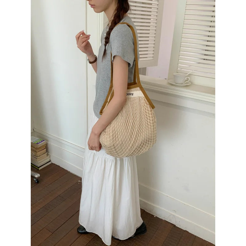 Women's Hollow Mesh Woven Tote – Large Beach Shoulder Bag
