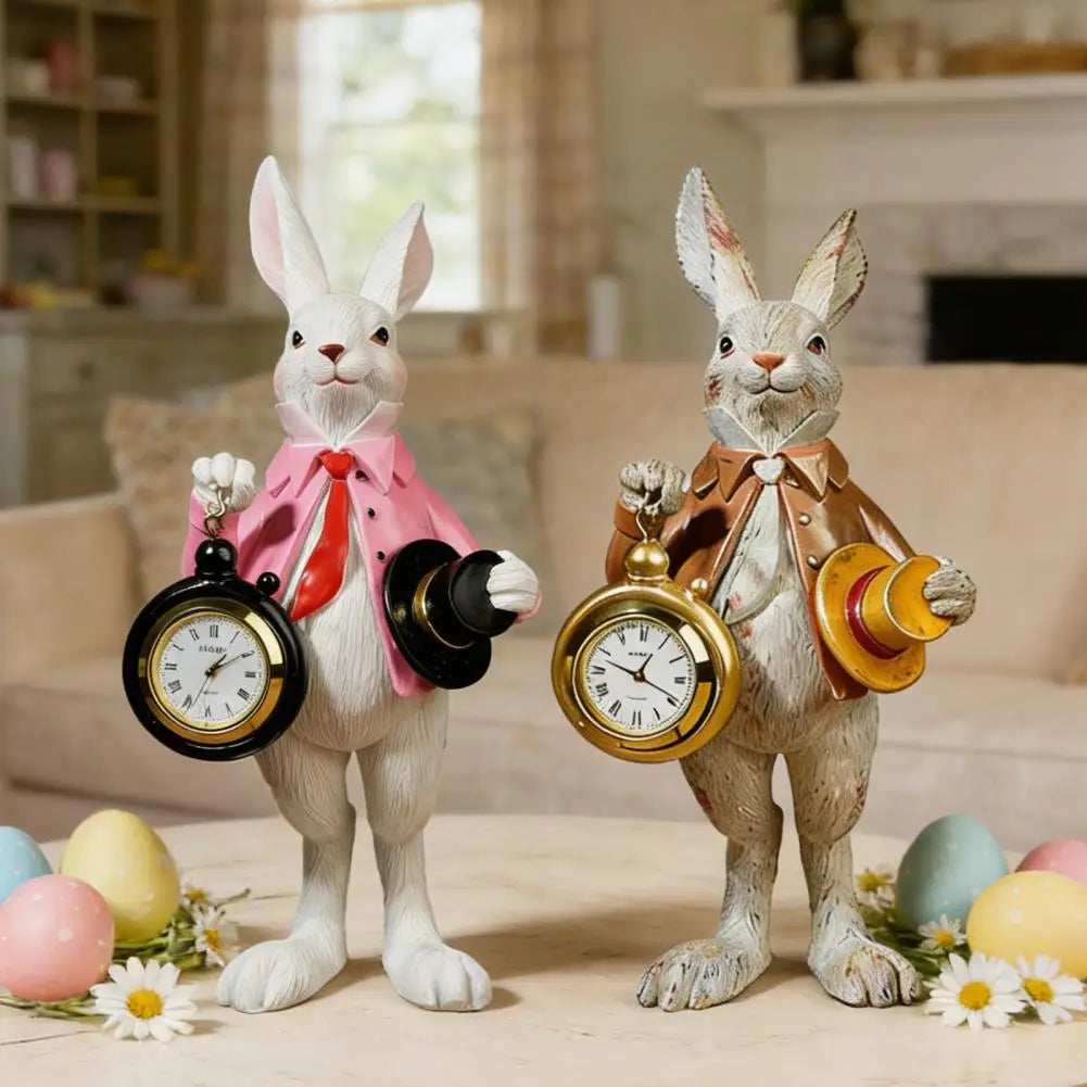 Gentleman Bunny Figurine Pocket Watch Clock – Easter Decor Decorative Figurine Clock Nixie