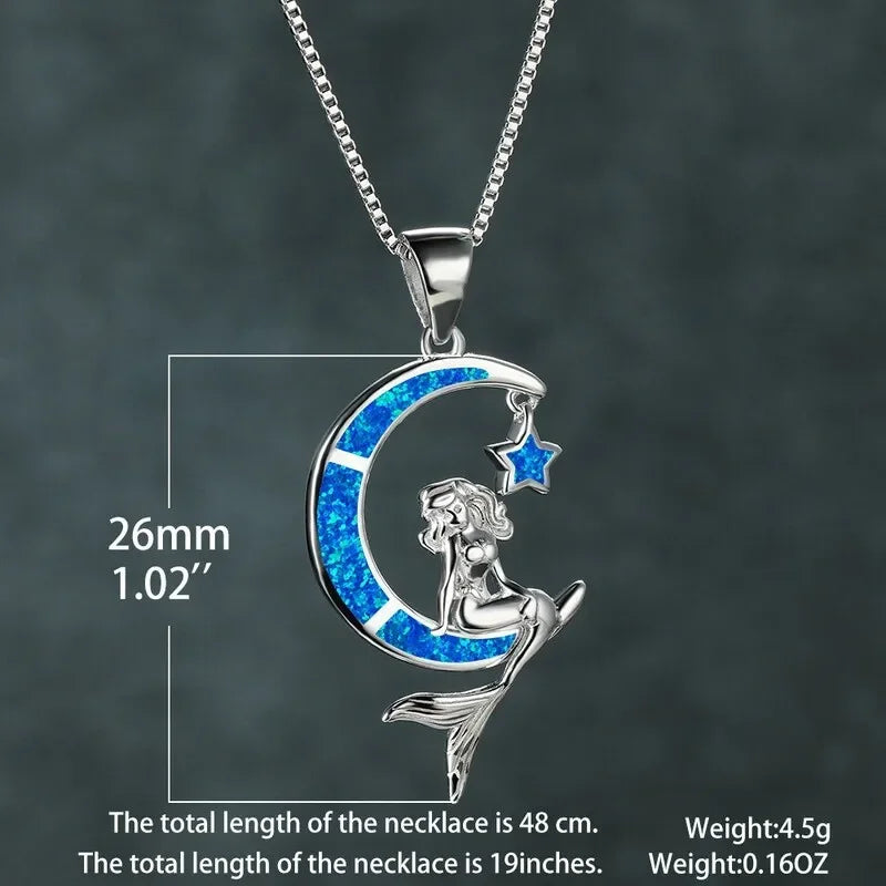 Mermaid Moon Pendant Necklace – Blue Simulated Opal & Zinc Alloy Pendant Necklace Nixie