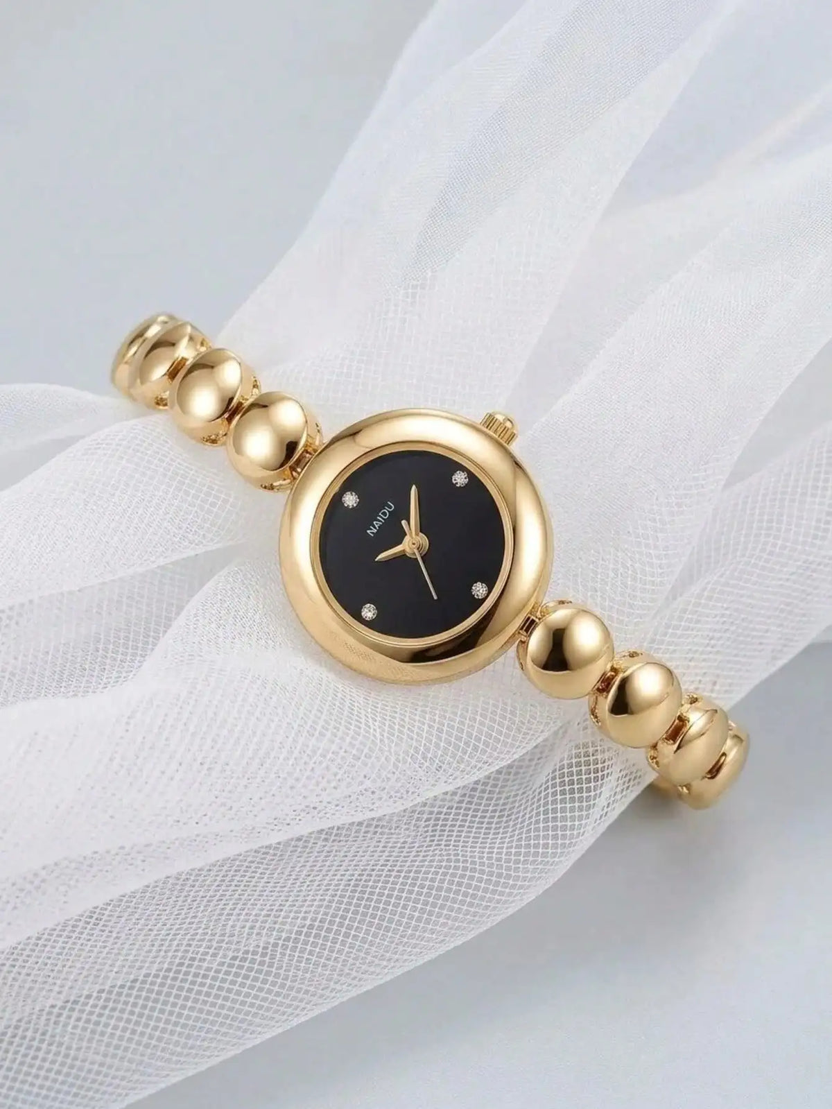 Gold Bead Chain Women's Quartz Watch – Rhinestone White Dial Women's Quartz Watch Nixie black
