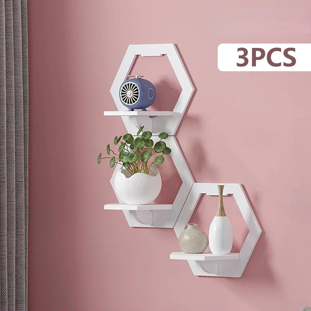 3-Pack Hexagon Wall Shelves Punch-Free Mounted Display Stand Wall Display Shelf Nixie