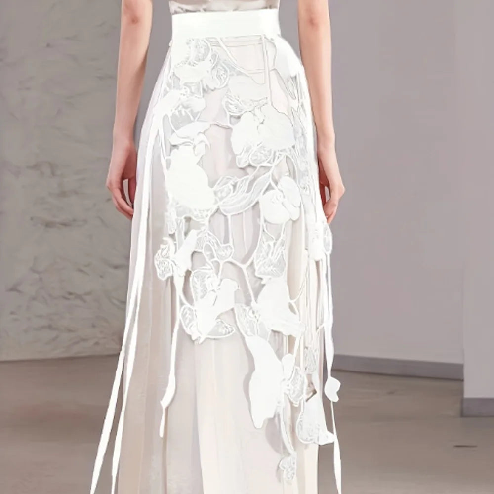 High Waist Lace Midi Skirt Hollow Tassel Side Slit Y2K Style Lace Midi Skirt Nixie White One Size