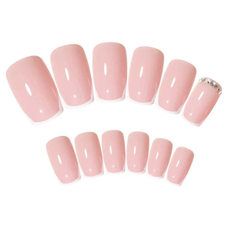 Short French Rhinestone False Nails – 24Pcs Handmade Set False Nail Set Nixie