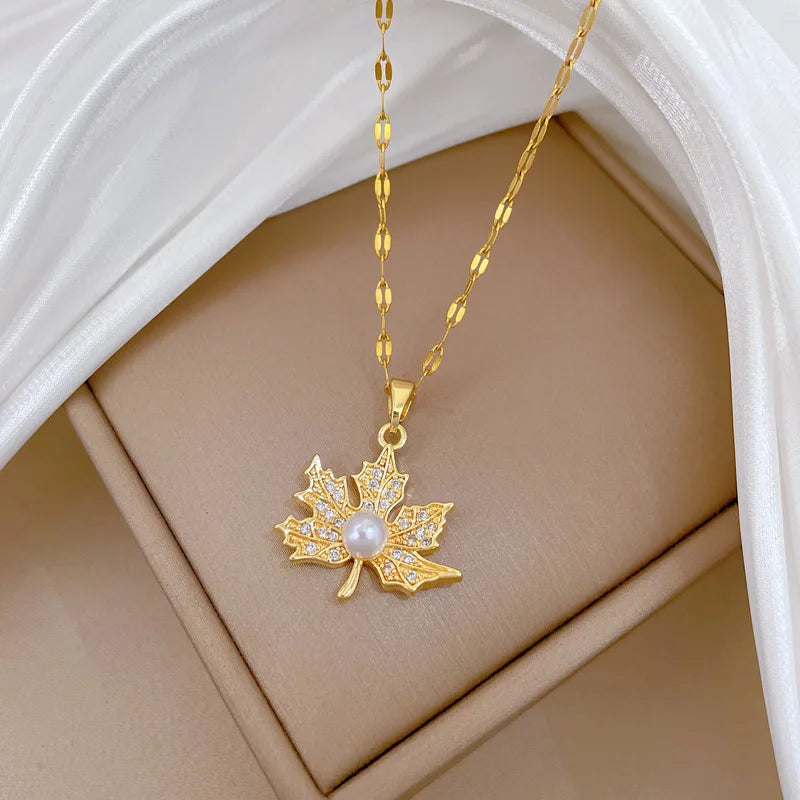 Maple Leaf Pendant Necklace | Gold Stainless Steel | Nixie Pendant Necklace Nixie
