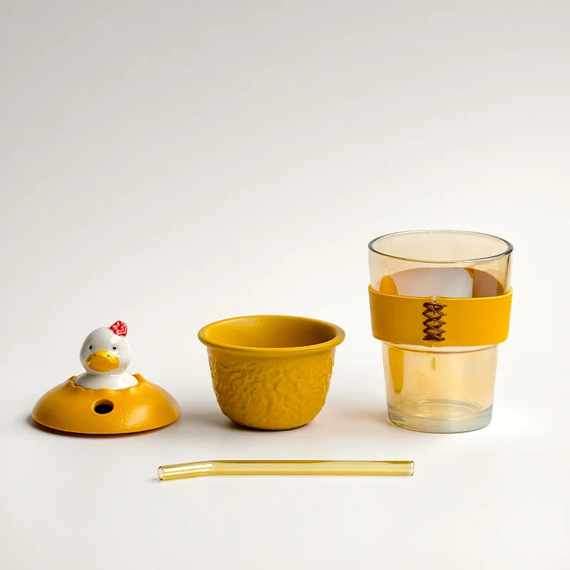 Happy Duck Glass Straw Cup 350ml – Tea Infuser with Lid Glass Straw Cup Nixie