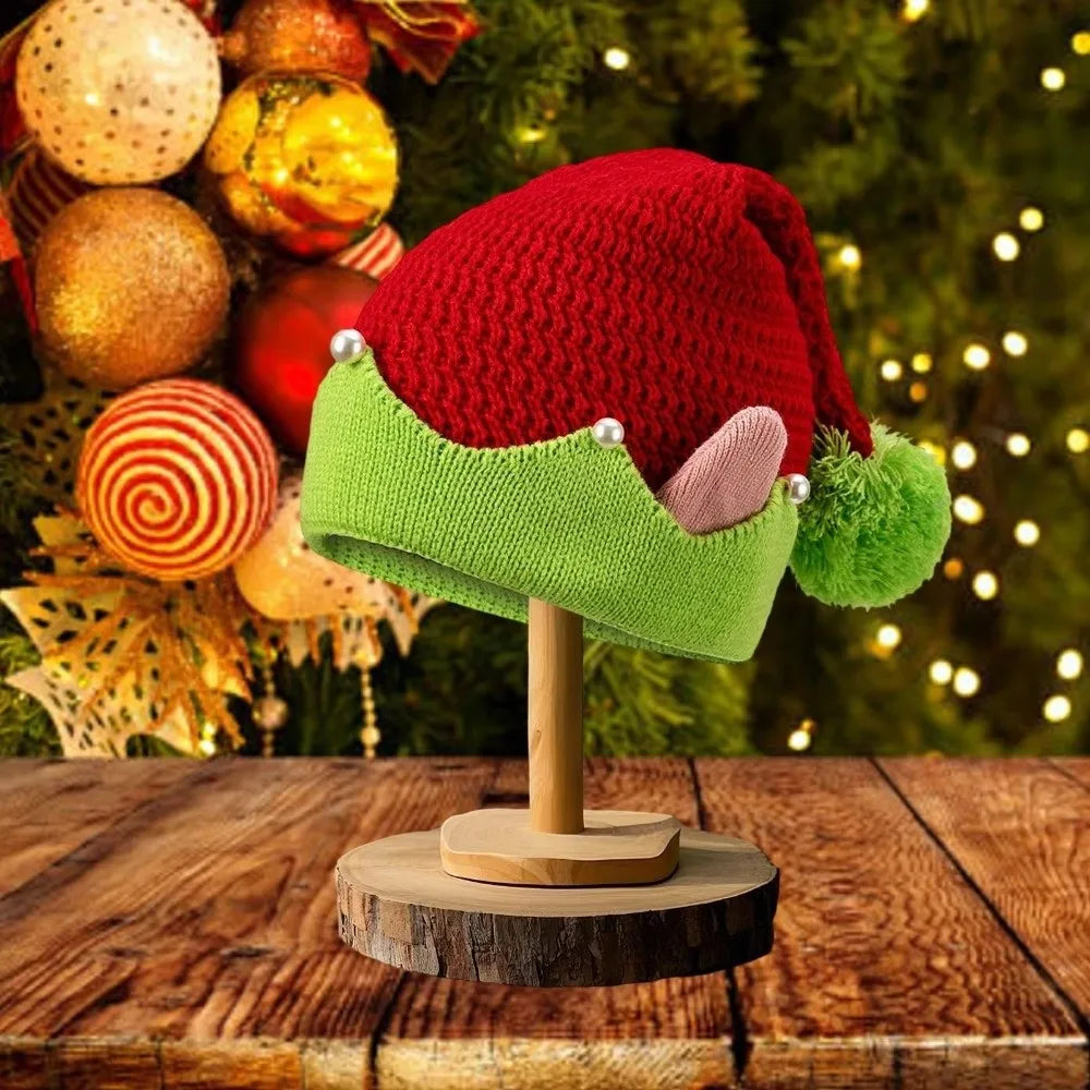 Striped Knitted Christmas Hat with Ears & Pom-Pom | Elf Santa Cap