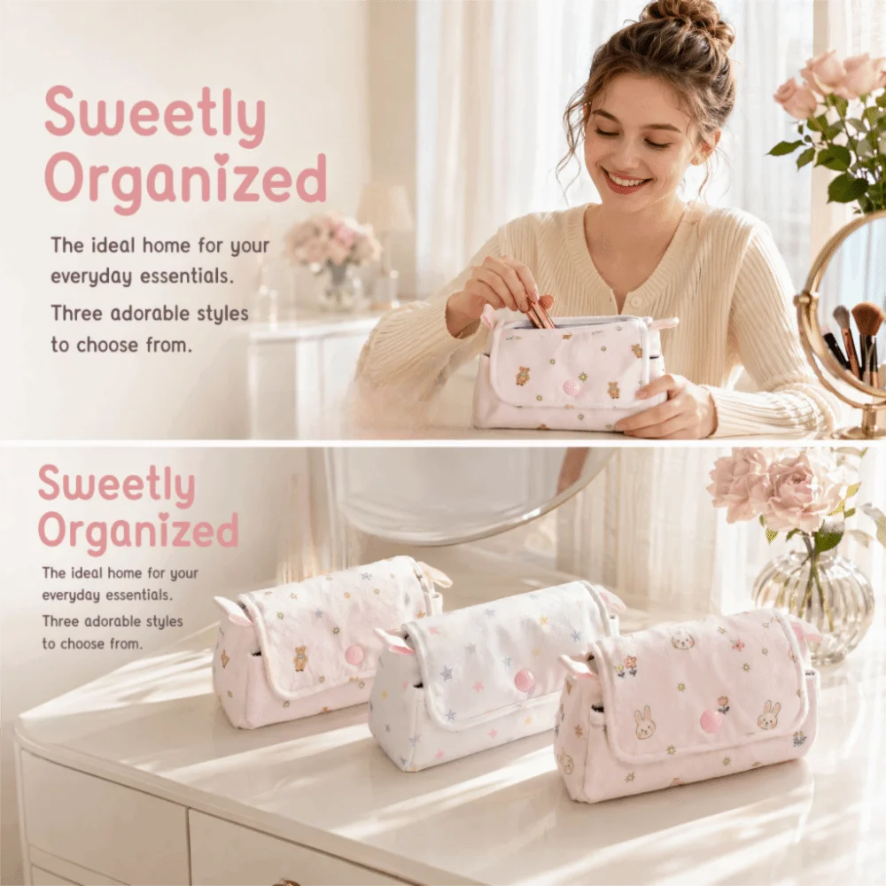 Korean Bear & Rabbit Pencil Case – Large Capacity Stationery Bag Pencil Case Nixie