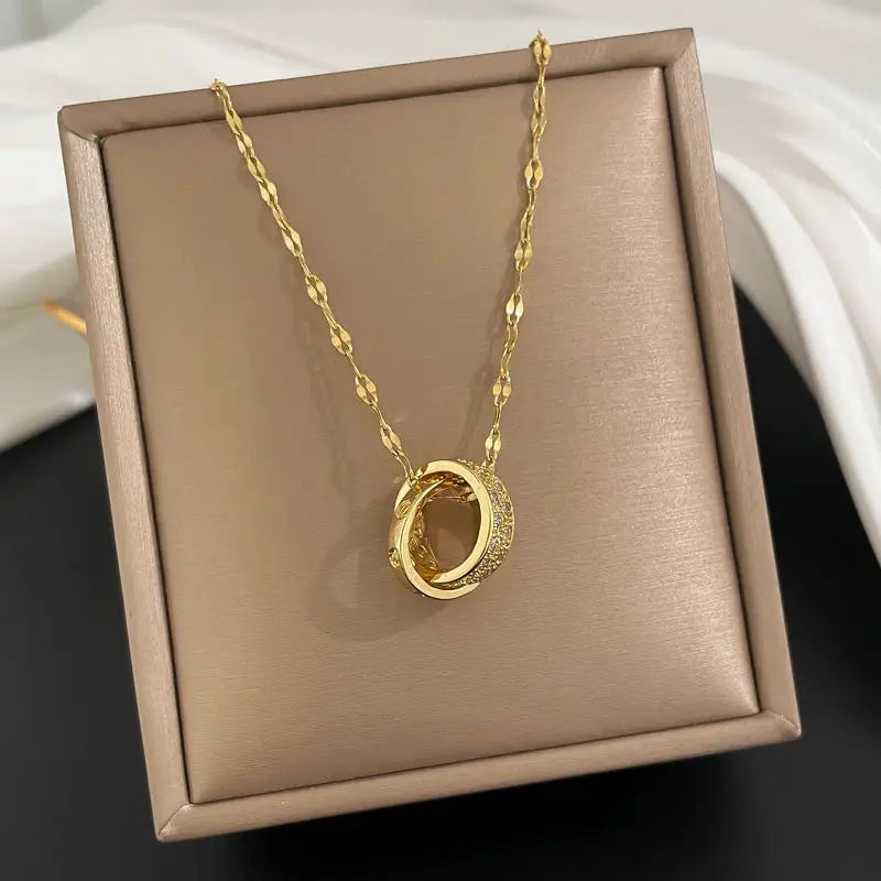 Double Ring Gold Stainless Steel Pendant Necklace for Women Pendant Necklace Nixie XL1470-56 40cm