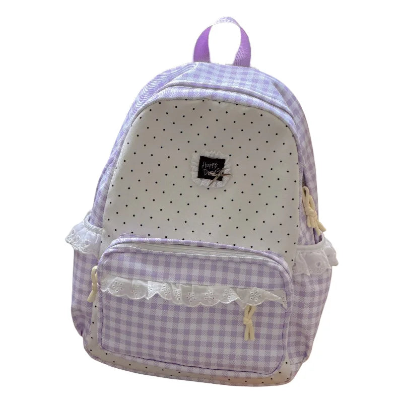 Korean Plaid Backpack Girls – Lace Trim Canvas School Bag Girls School Backpack Nixie Purple