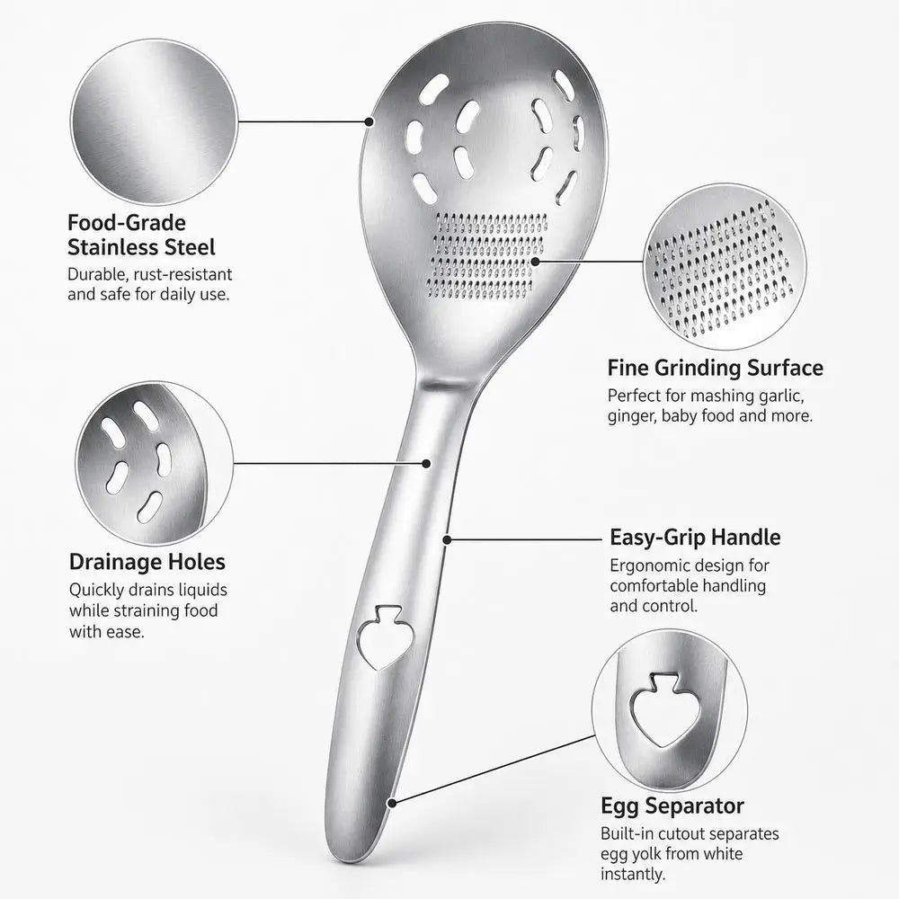 5-in-1 Stainless Steel Mashing Spoon, Egg Separator & Grater Kitchen Utensil Nixie