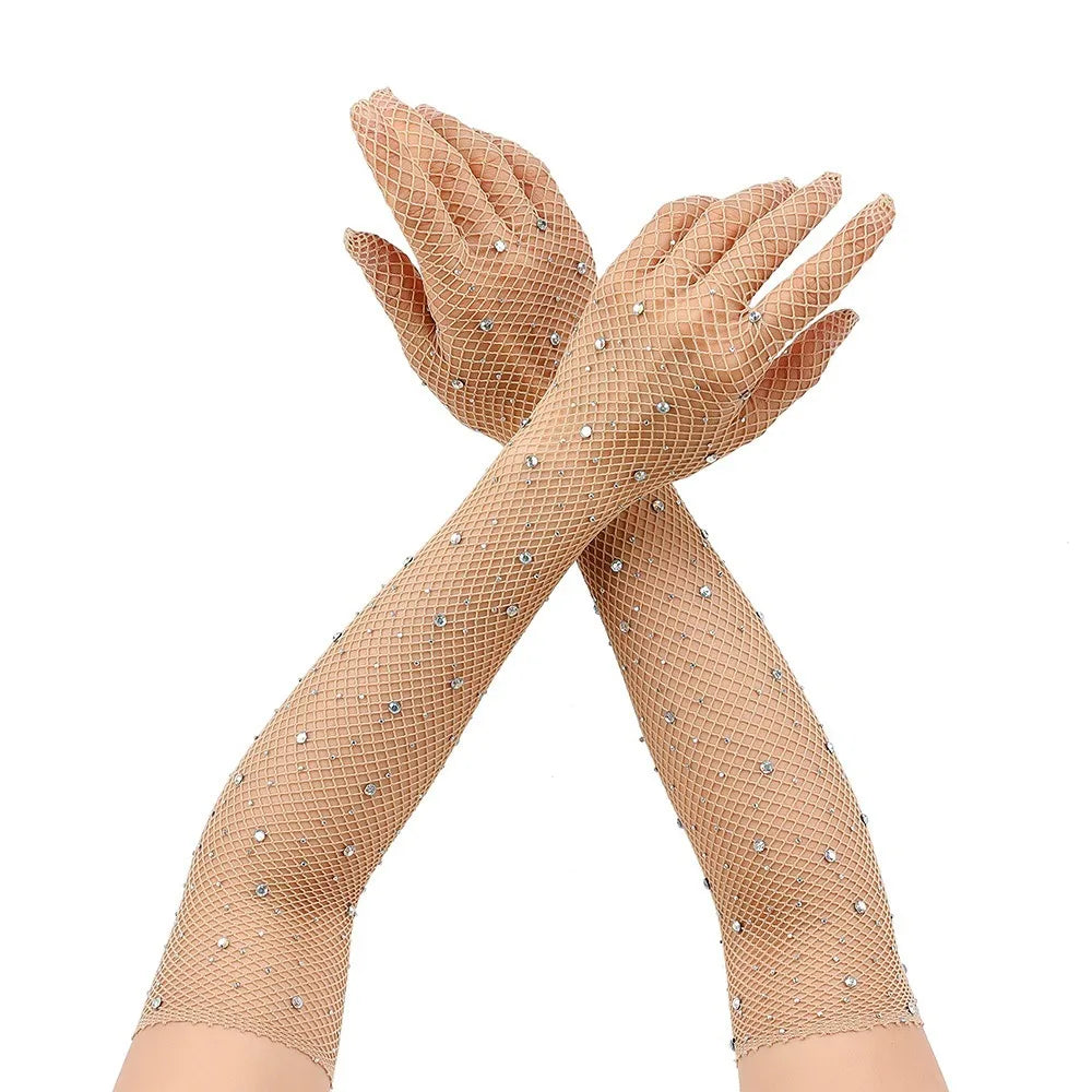 Glitter Rhinestone Fishnet Gloves Long Opera Punk Cosplay Mittens Costume Fashion Gloves Nixie