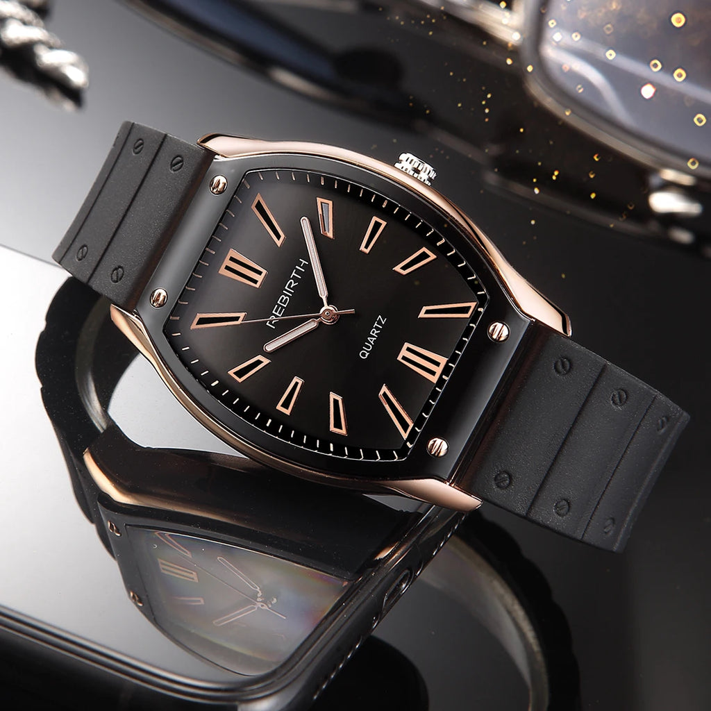 REBIRTH Unisex Casual Quartz Watch – Silicone Strap Tonneau Dial Casual Quartz Watch Nixie
