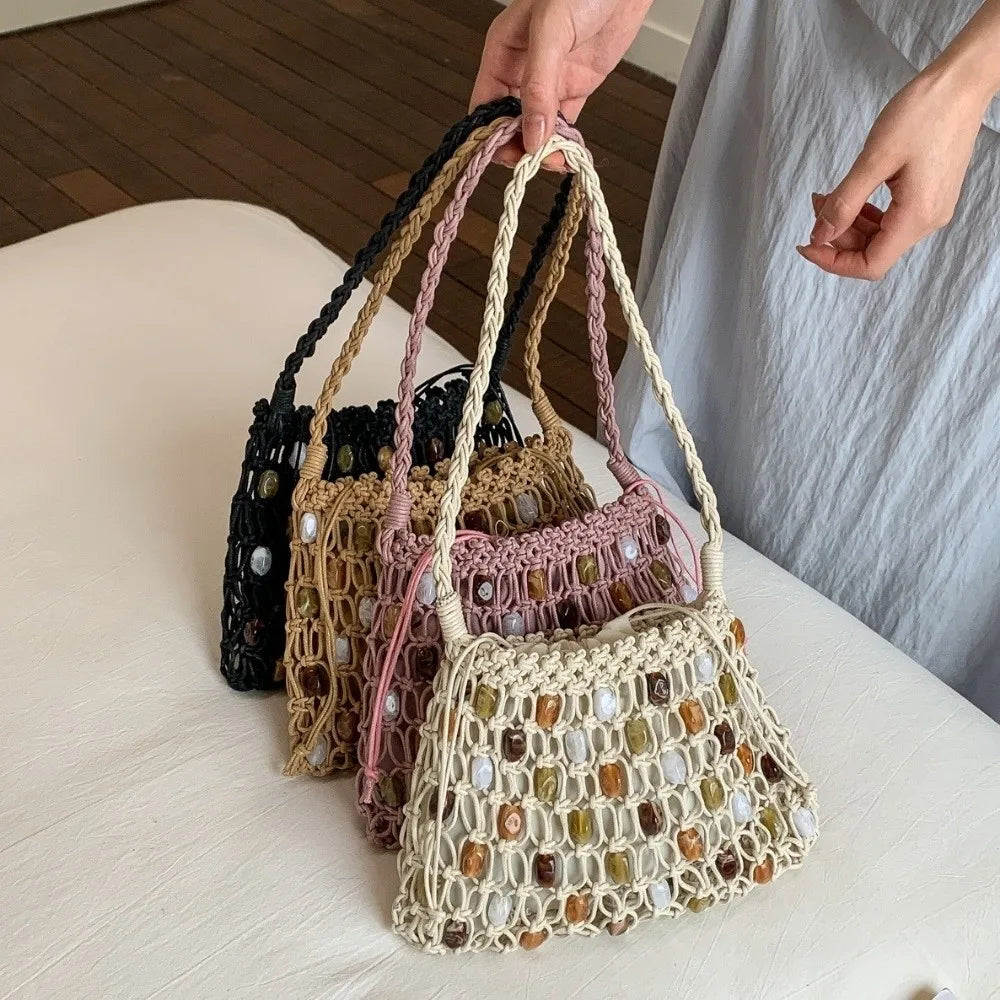 Bohemian Beaded Woven Tote Bag – Colorful Crochet Shoulder Bag Woven Tote Bag Nixie