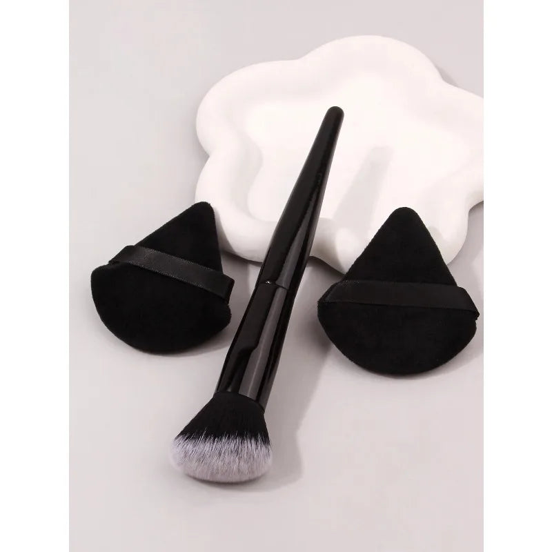 Black Angled Blush Brush & Makeup Puff Set – 3-Piece Kit Makeup Brush Set Nixie